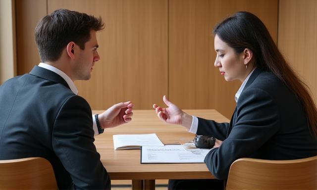 Two individuals engaged in a calm, professional discussion across a wooden table