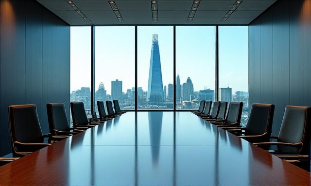 Modern office skyline seen through a glass window